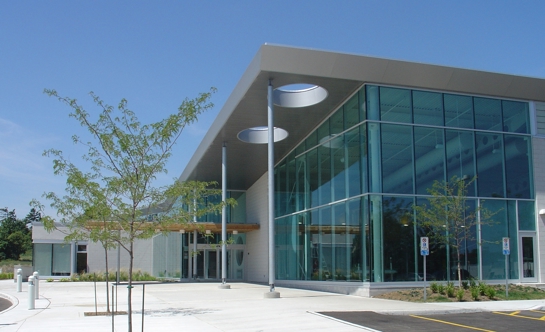 The Peterborough Sport and Wellness Centre's main entrance shown form the outside, looking at the southeast corner of the building.