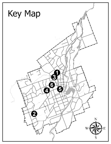 Key map of City with six properties indicated